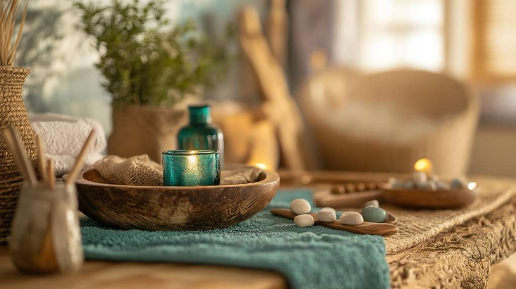 Spa setting with natural elements and soft lighting